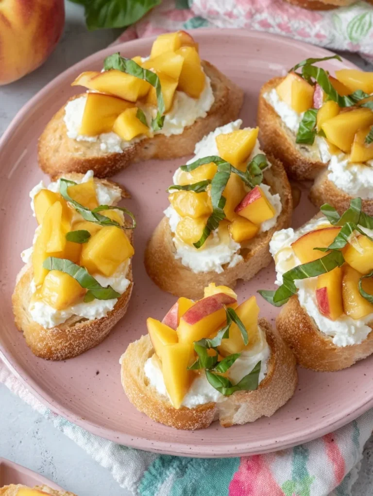 Peach ricotta crostini on a pink plate, garnished with basil and served as a summer appetizer