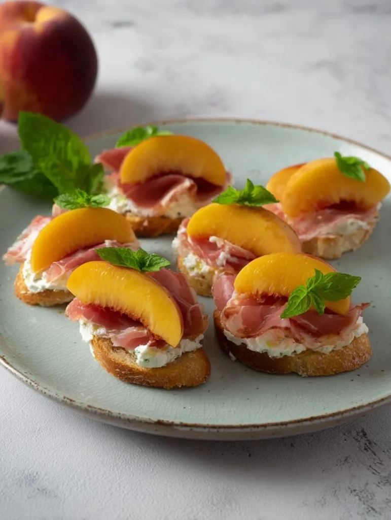 Crostini with whipped ricotta, prosciutto, peach slices, and fresh mint on a light green plate