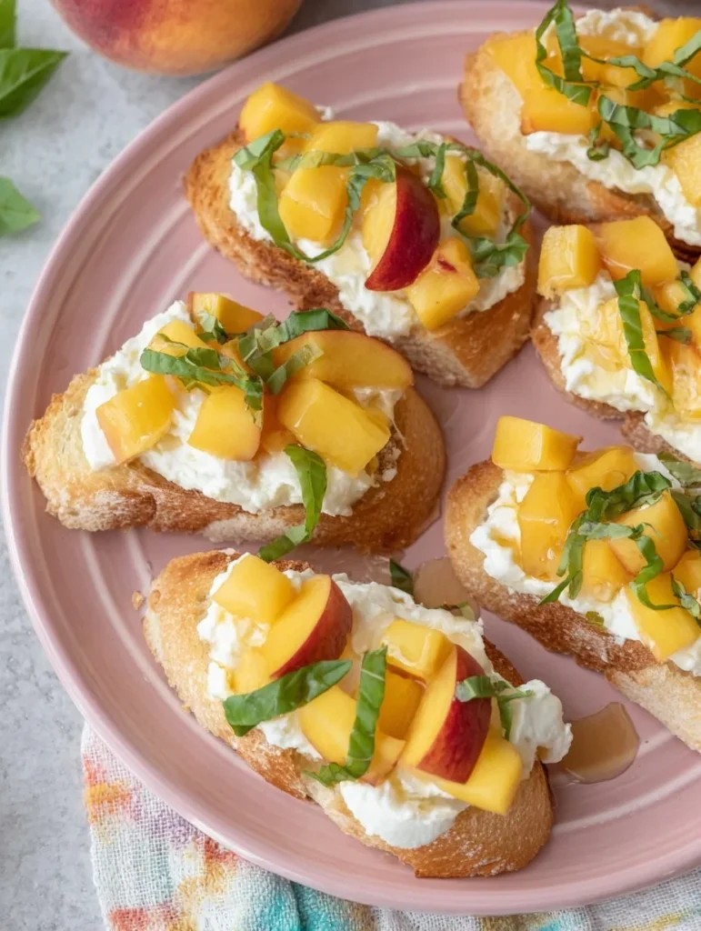 Toasted crostini topped with whipped ricotta, fresh peaches, and basil on a pink plate