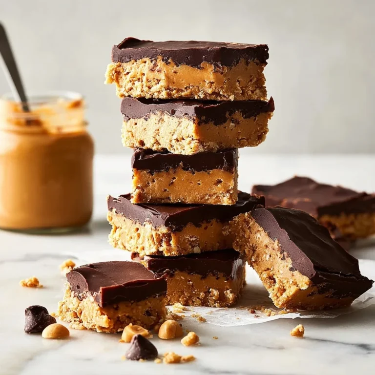 Stack of peanut butter chocolate bars with a jar of peanut butter in the background on a marble surface.