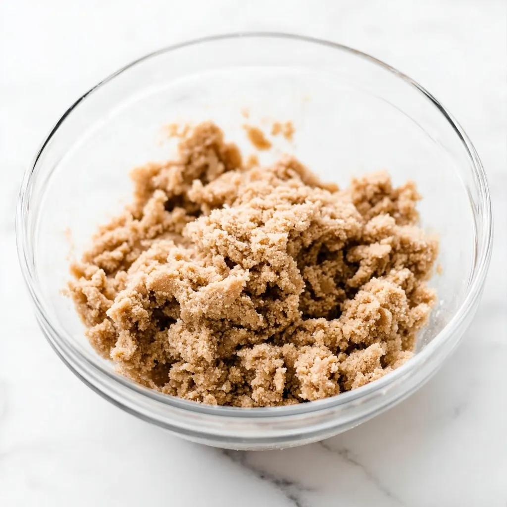 Glass bowl filled with peanut butter graham cracker mixture on a white marble surface.