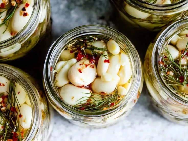 Glass jars filled with pickled garlic cloves, fresh dill, and red pepper flakes in tangy brine.