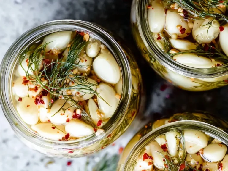 Overhead view of glass jars filled with homemade pickled garlic cloves, fresh dill, and red pepper flakes in brine.