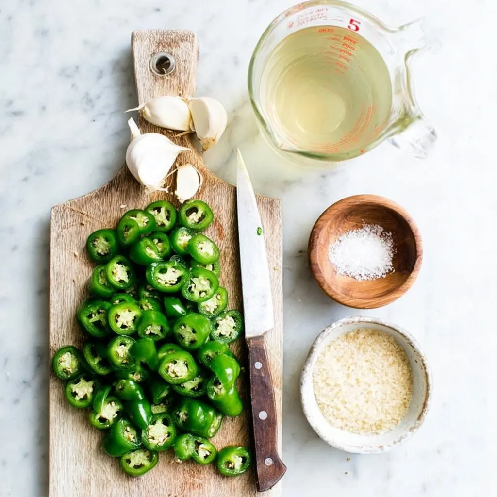 Fresh sliced jalapenos, garlic, vinegar, and salt on a cutting board for homemade pickled jalapenos recipe