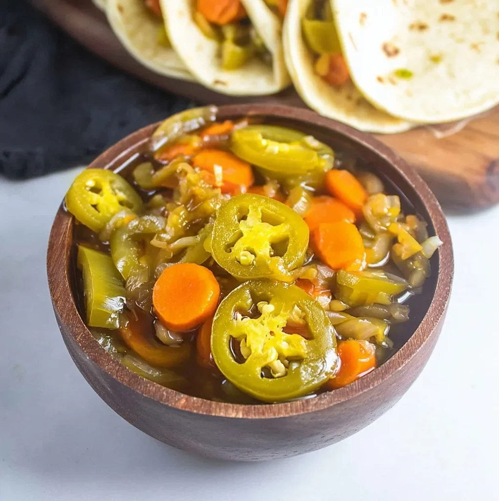 Wooden bowl filled with pickled jalapenos, carrots, and onions served with tacos in the background