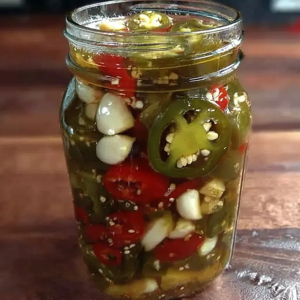 Mason jar filled with pickled jalapenos, garlic cloves, and red peppers on a wooden table