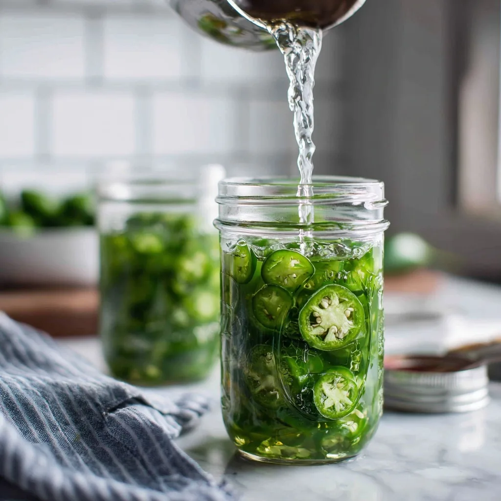 Hot vinegar brine being poured into a jar filled with sliced jalapenos for homemade pickled jalapenos