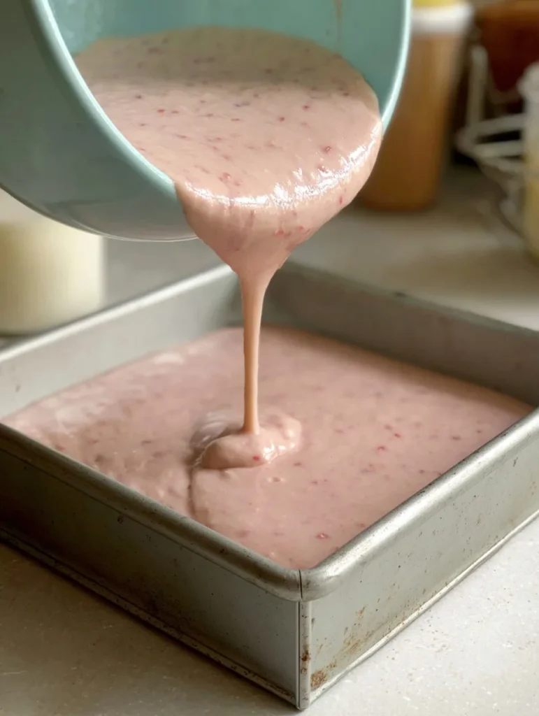 Pouring strawberry mochi cake batter into a metal baking pan