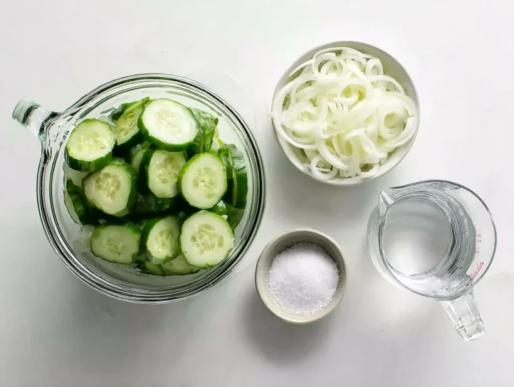 Overhead view of sliced cucumbers, onions, salt, and water prepared for easy refrigerator pickles recipe