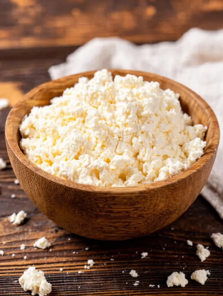 Fresh ricotta cheese in a wooden bowl on a rustic wooden table