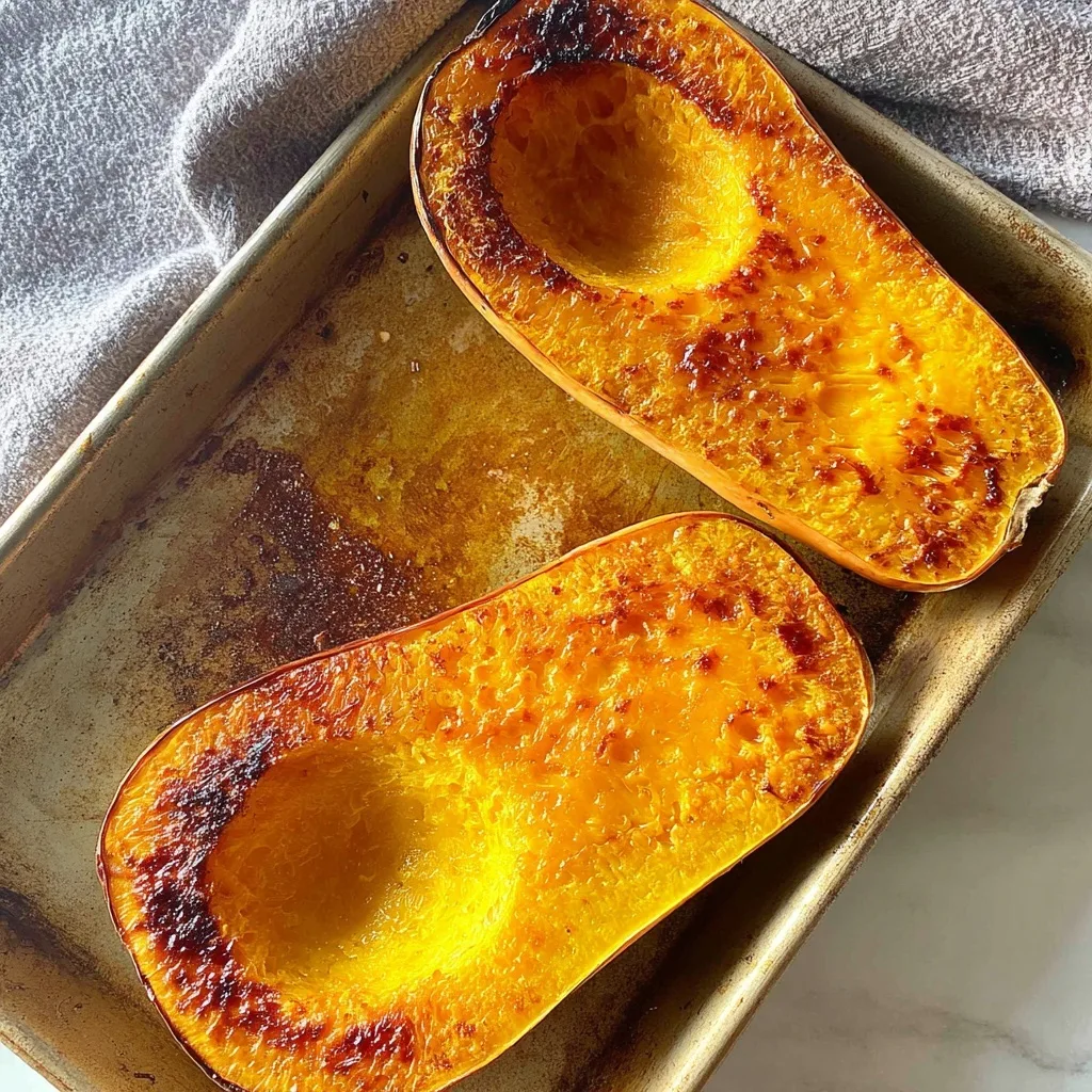 Golden roasted butternut squash halves fresh out of the oven