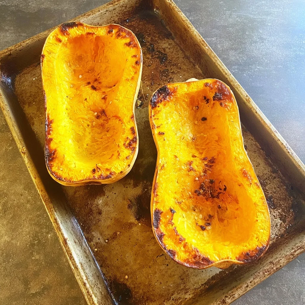 Golden roasted butternut squash halves on a baking tray, ready to be stuffed with filling