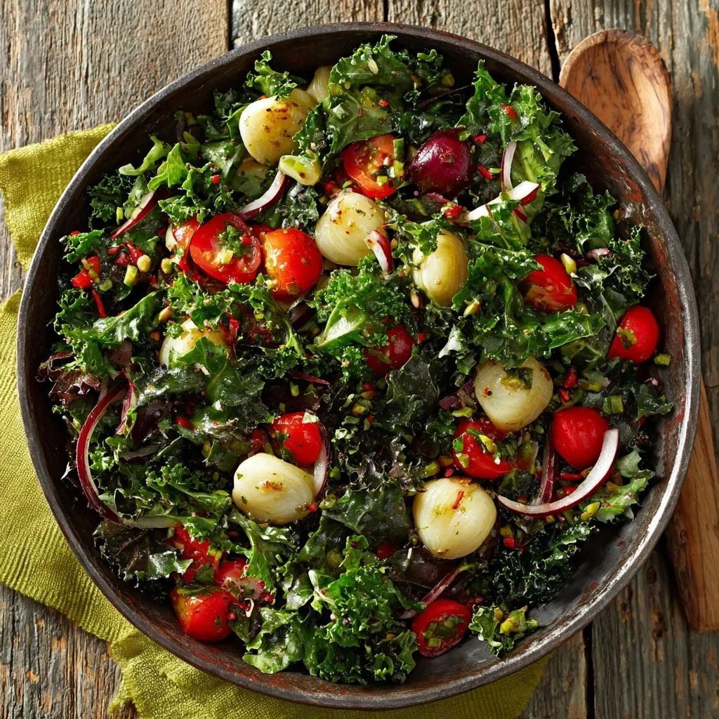 Fresh kale salad with cherry tomatoes, red onion, and pickled garlic cloves tossed in a light dressing.