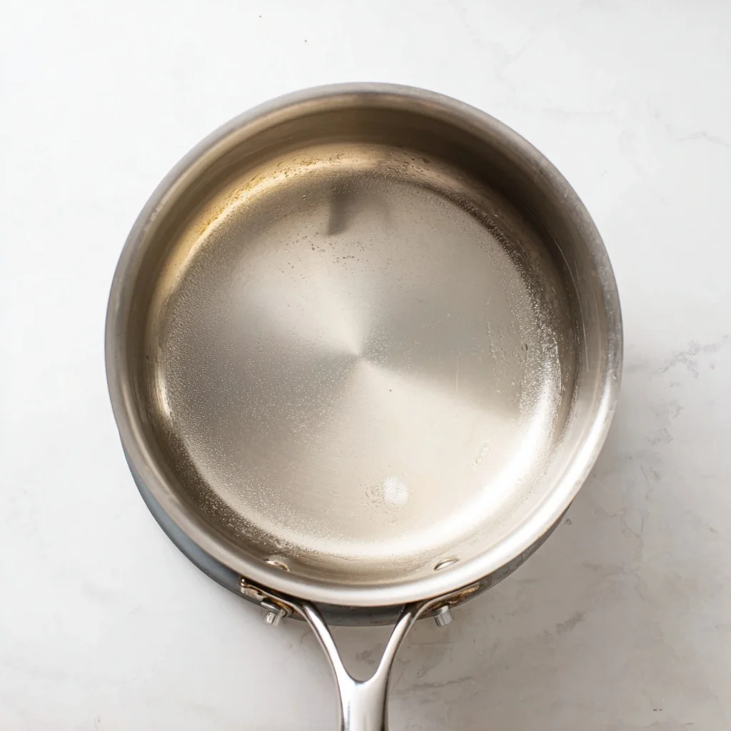 Stainless steel saucepan on a white surface ready to prepare brine for pickled jalapenos recipe