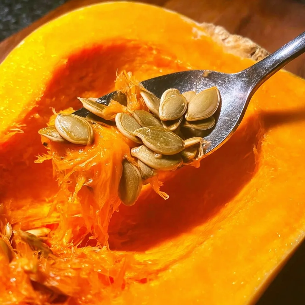 Scooping out seeds from fresh butternut squash with a spoon