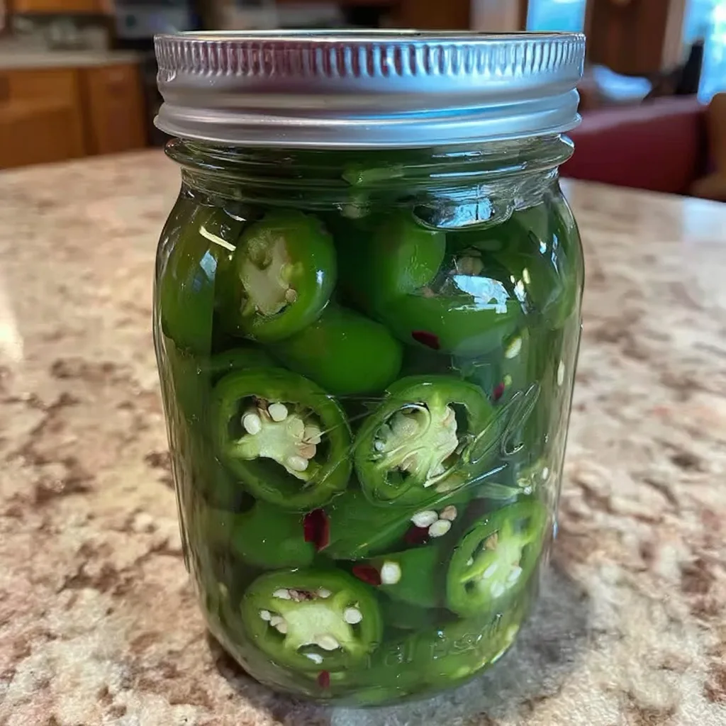 Mason jar with lid filled with homemade pickled jalapenos on a kitchen counter