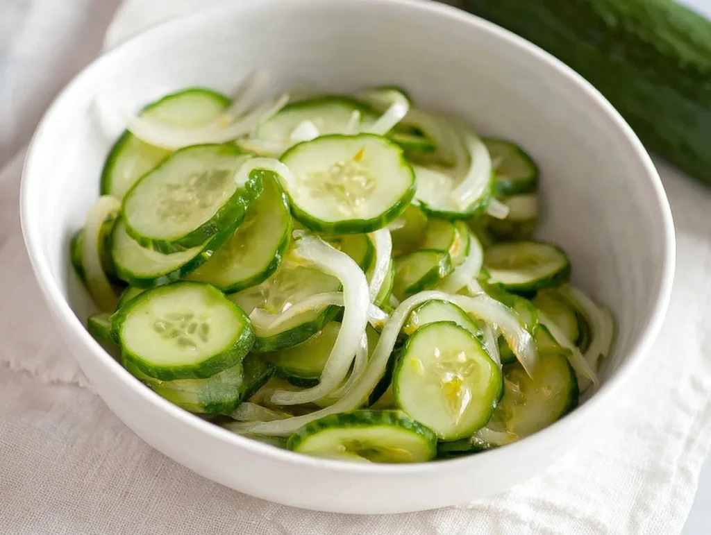 Bowl of sliced cucumbers and onions served as easy refrigerator pickles