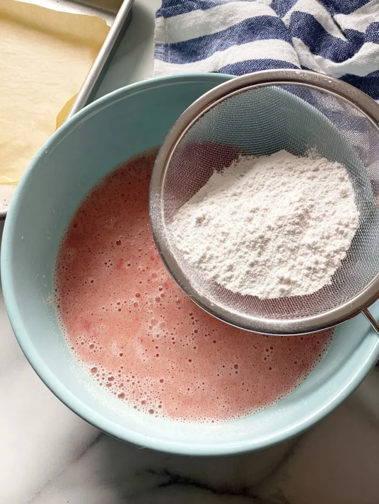 Sifting glutinous rice flour into a bowl of strawberry mochi batter