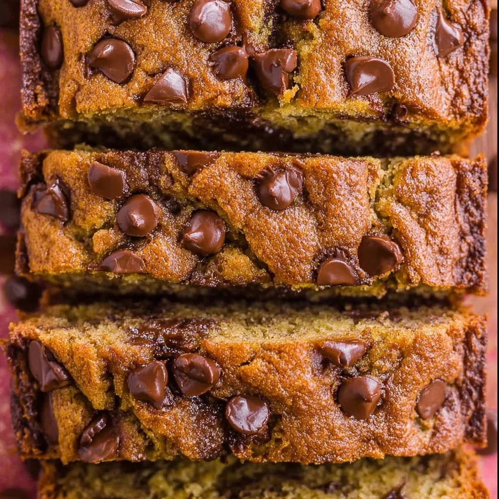 slices of chocolate chip banana bread stacked showing golden crust and melty chips