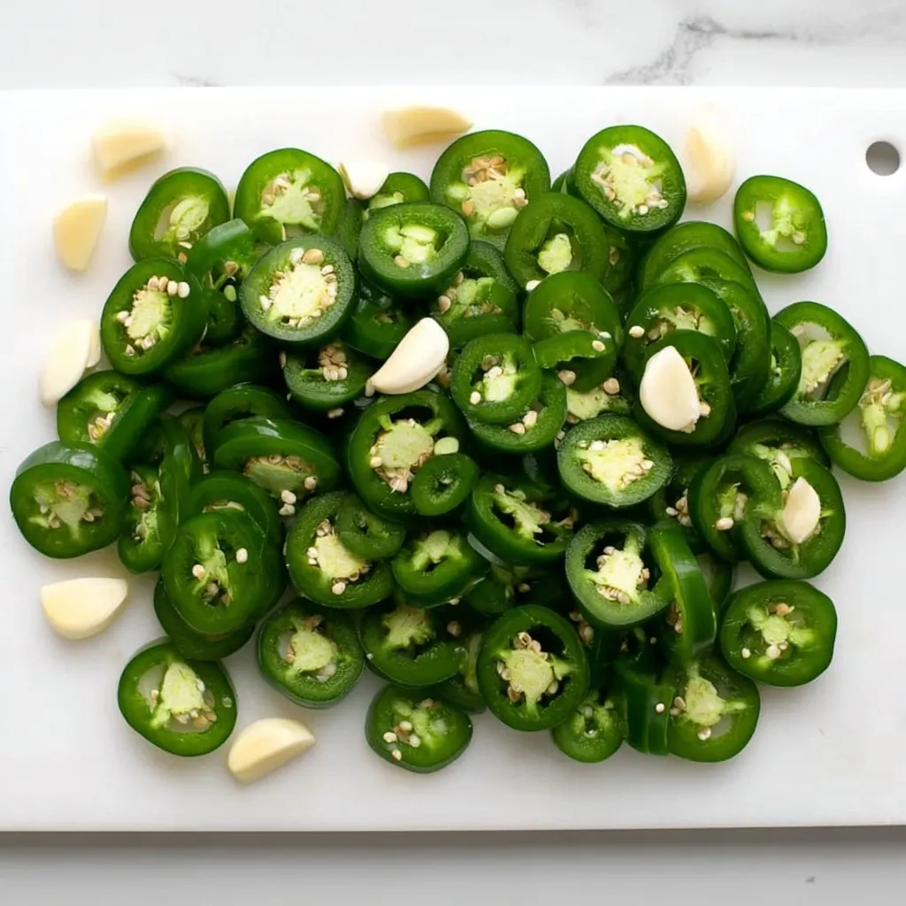 Freshly sliced jalapeno peppers with garlic cloves on a white cutting board for homemade pickled jalapenos recipe
