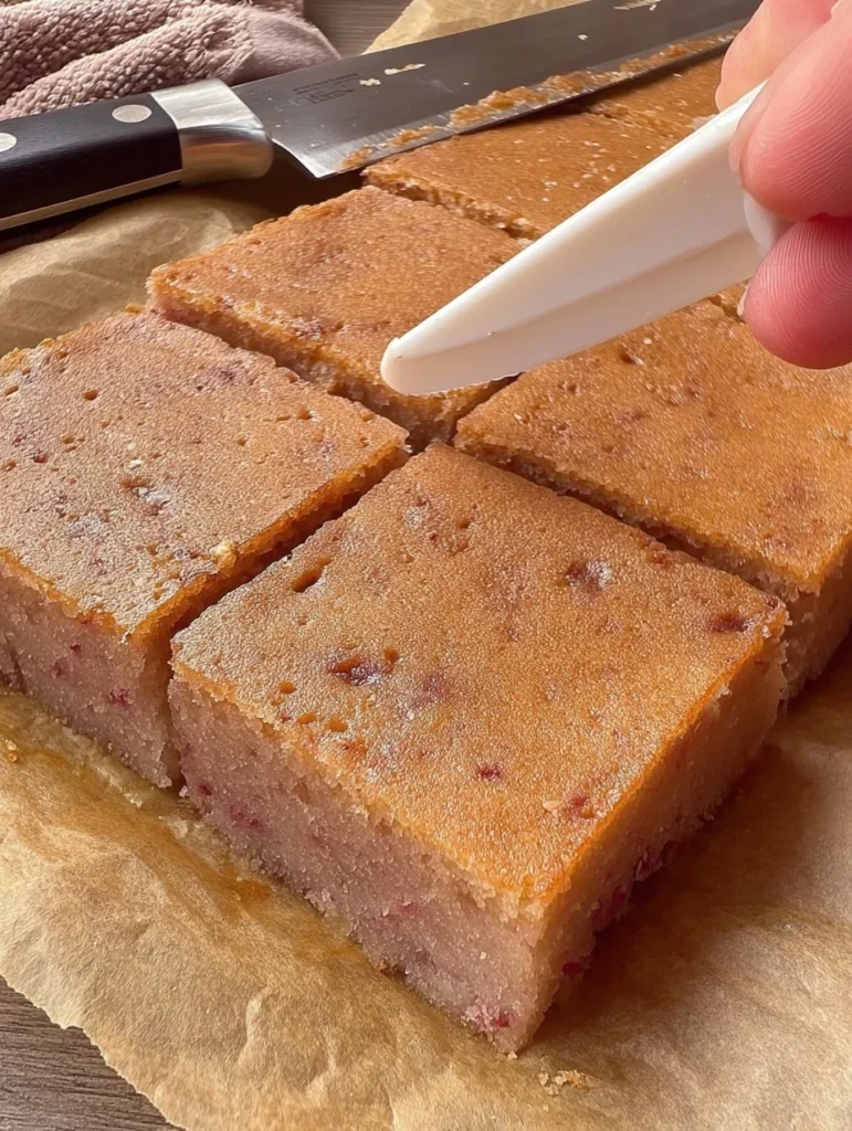 Sliced strawberry mochi cake with golden brown top being separated with a plastic knife