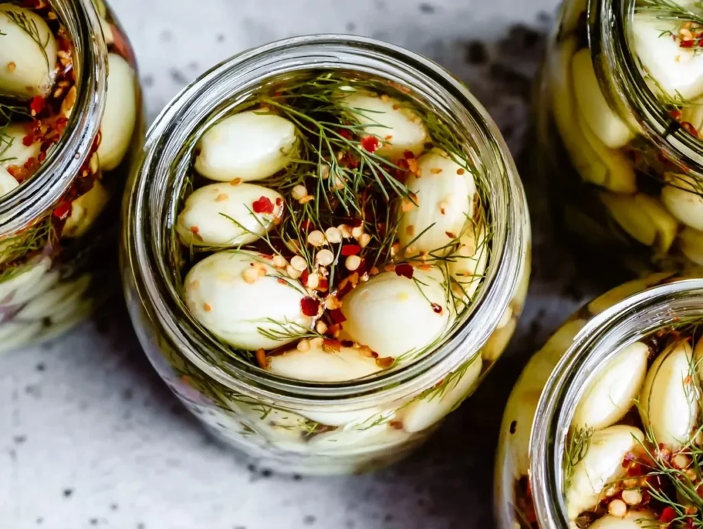 Overhead view of glass jars filled with pickled garlic, dill, and red chili flakes in brine.