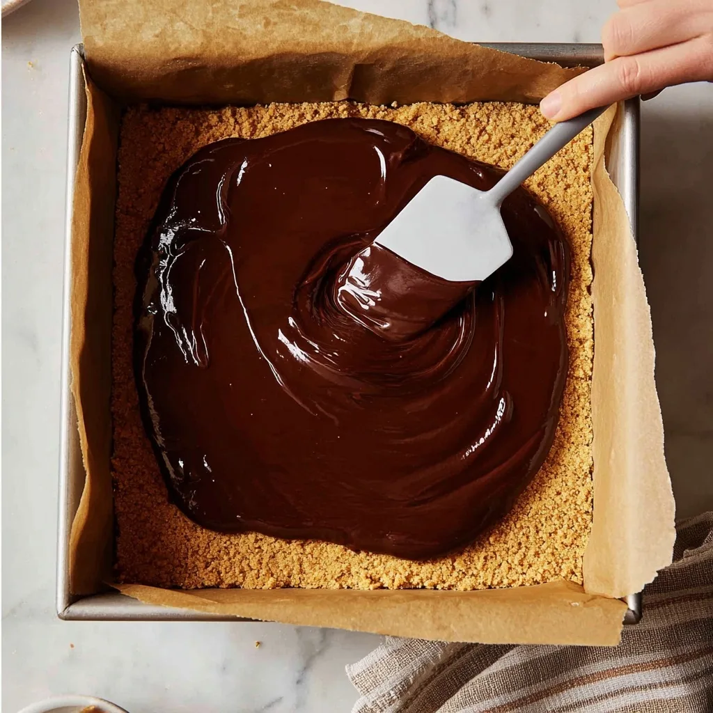 Hand using a spatula to spread melted chocolate over a peanut butter graham cracker base in a lined baking pan.