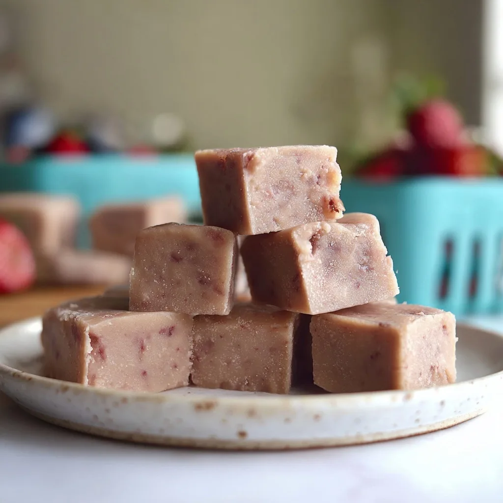 Stacked strawberry mochi cake cubes on a ceramic plate with fresh strawberries in background