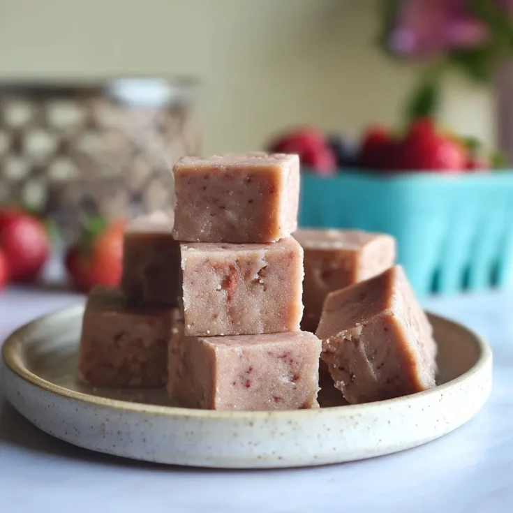 Stacked strawberry mochi cake squares on a ceramic plate with fresh strawberries in the background