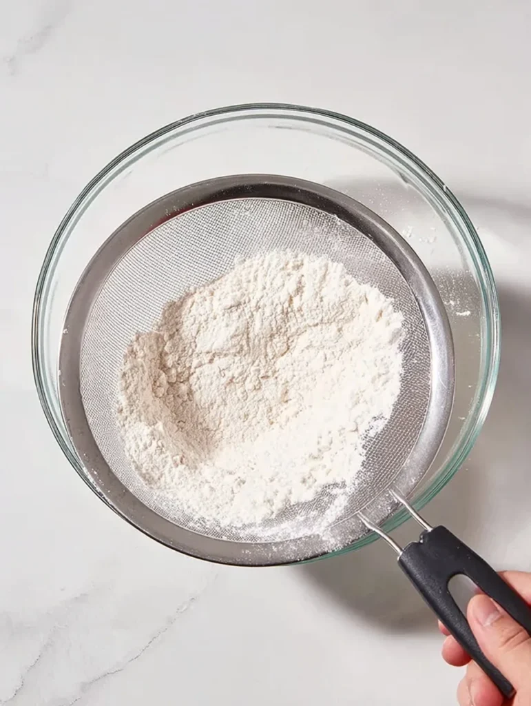 Hand sifting and mixing dry ingredients — flour, sugar, baking powder, baking soda, cinnamon, and salt — in a glass mixing bowl on a white countertop.