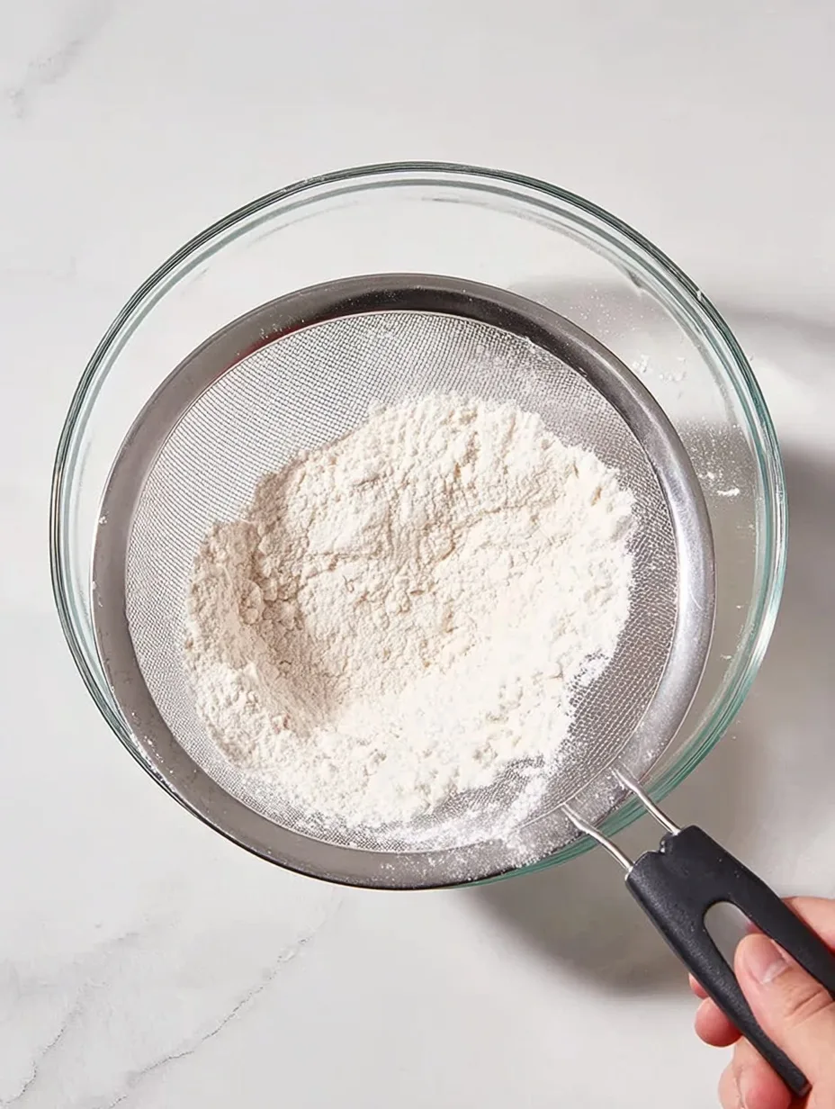 Hand sifting and mixing dry ingredients — flour, sugar, baking powder, baking soda, cinnamon, and salt — in a glass mixing bowl on a white countertop.