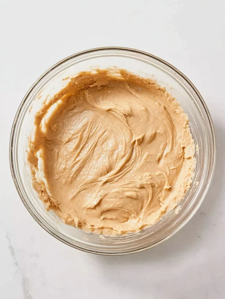 Smooth zucchini bread batter in a glass mixing bowl after combining wet and dry ingredients.