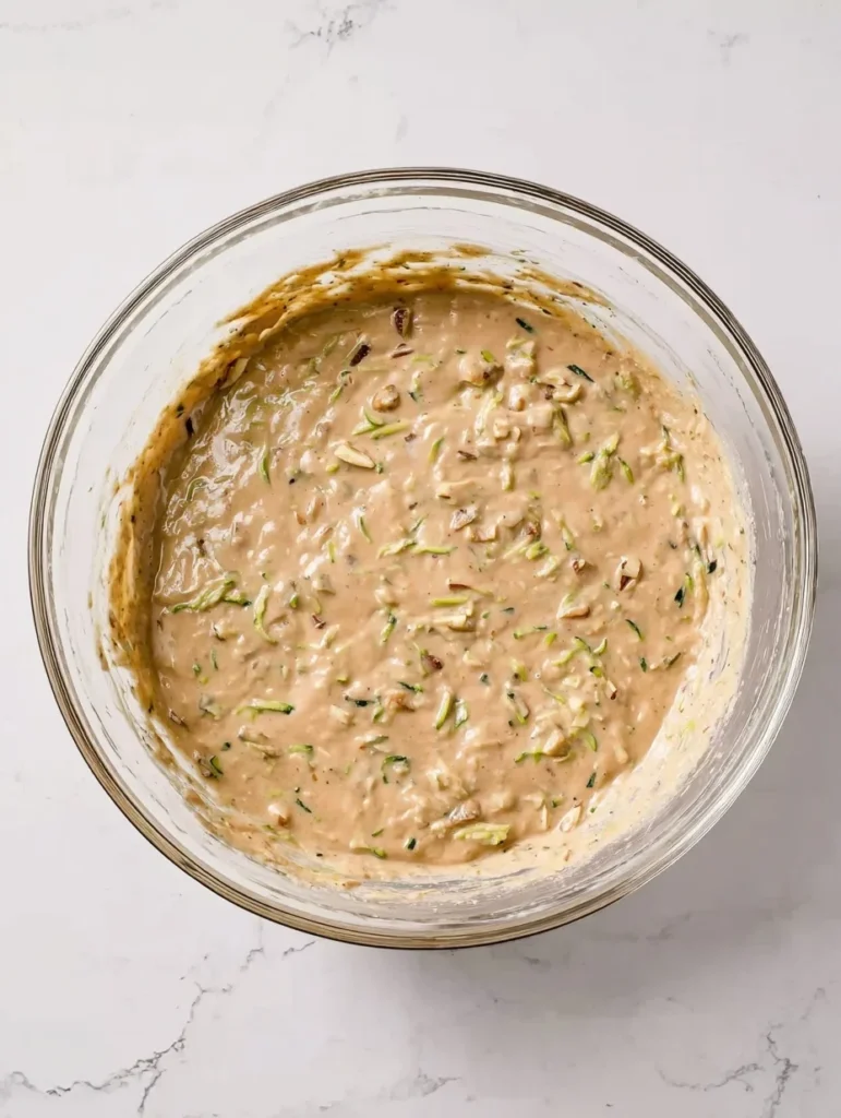 Zucchini bread batter with grated zucchini and chopped walnuts folded in, sitting in a glass mixing bowl.