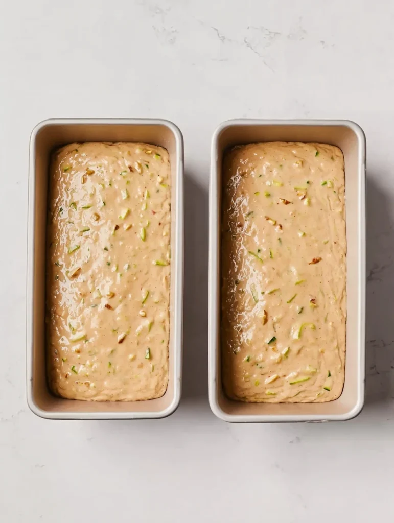 Two loaf pans filled with zucchini bread batter containing grated zucchini and walnuts, ready to go into the oven.