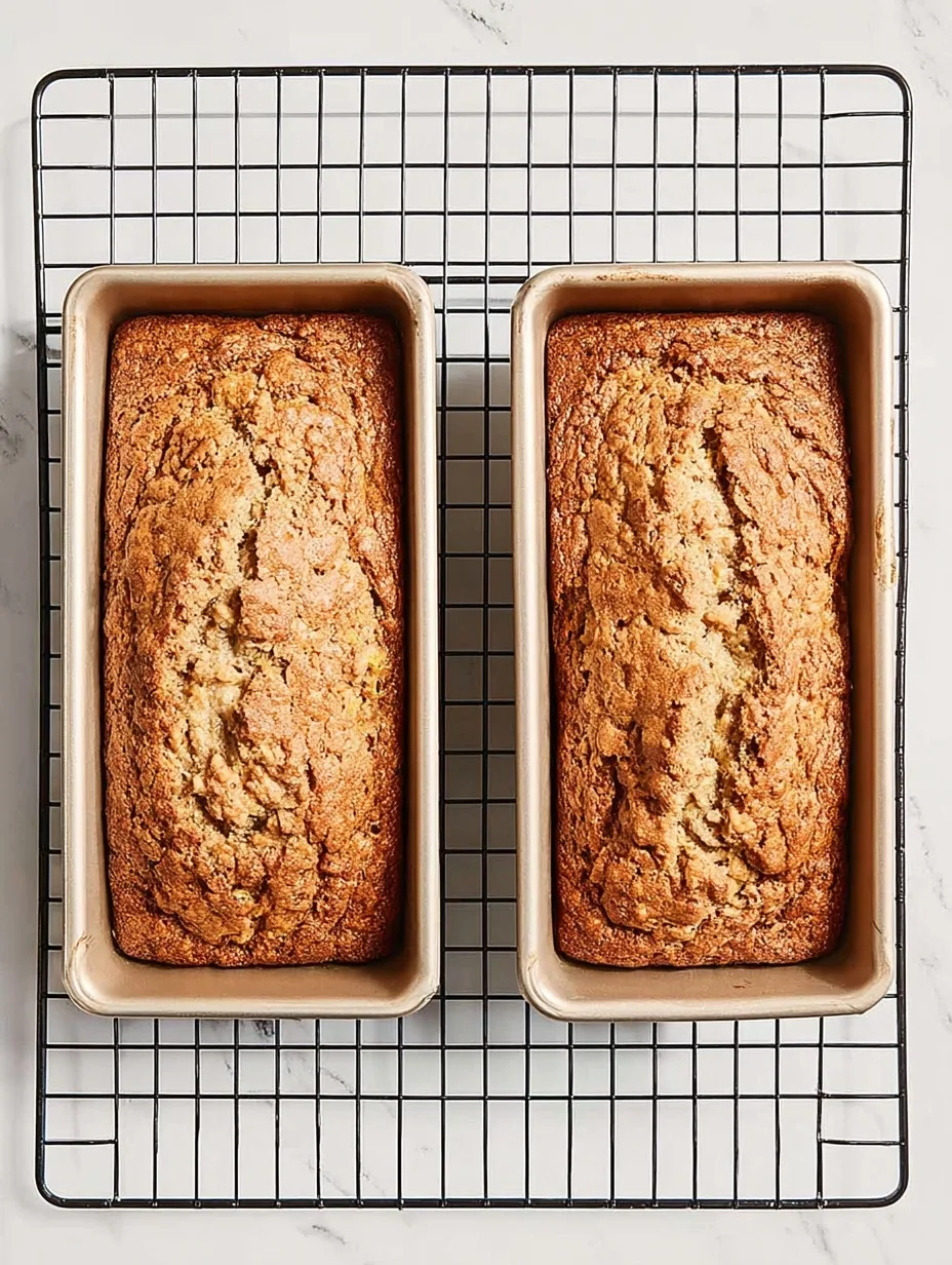 Two freshly baked zucchini bread loaves in pans cooling on a wire rack.