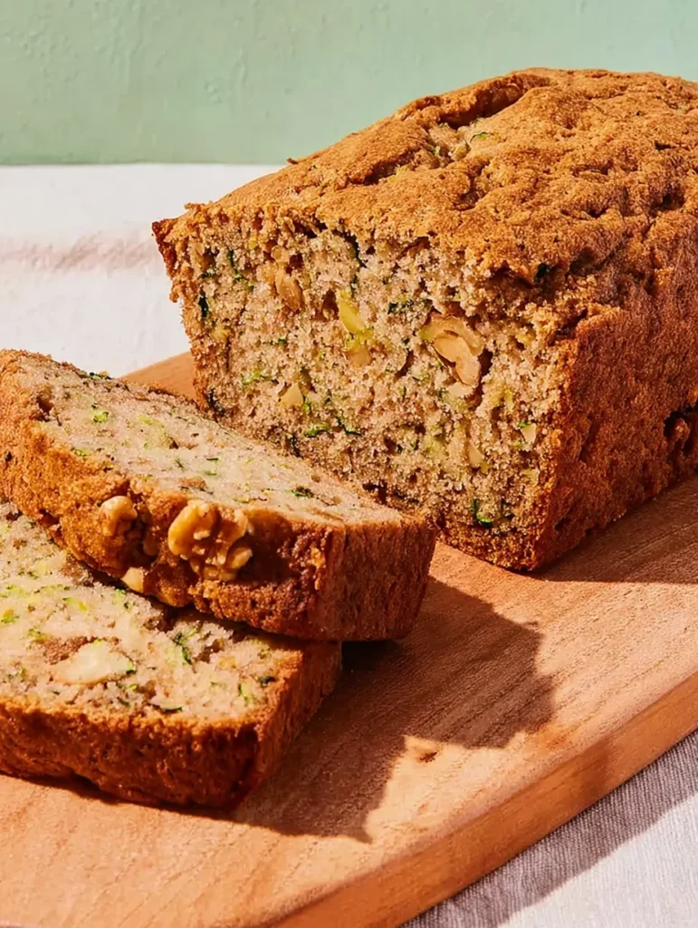 Freshly baked zucchini bread loaf sliced on a wooden cutting board, showing walnuts and grated zucchini inside.