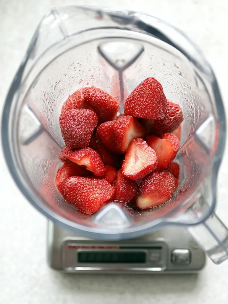 Fresh strawberries in a blender ready to be pureed for strawberry mochi cake
