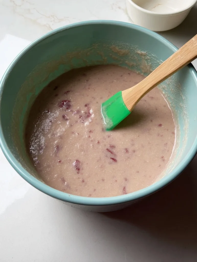 Mixed strawberry mochi cake batter with visible fruit bits in a teal bowl