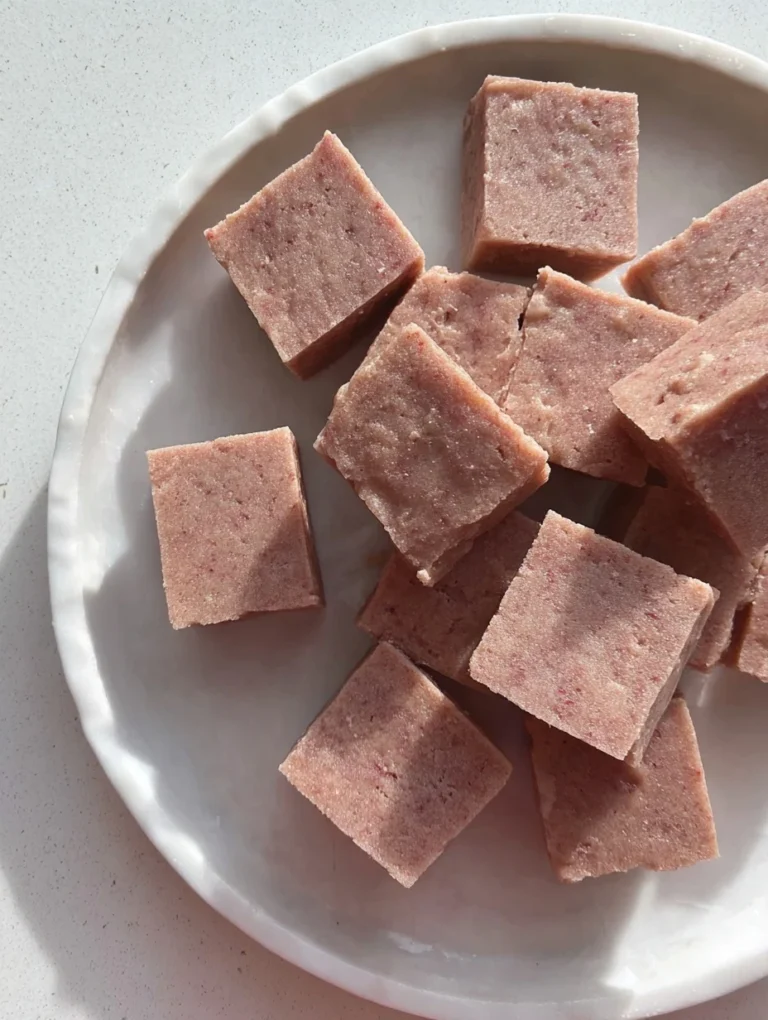 Soft and chewy strawberry mochi cake squares on a white plate