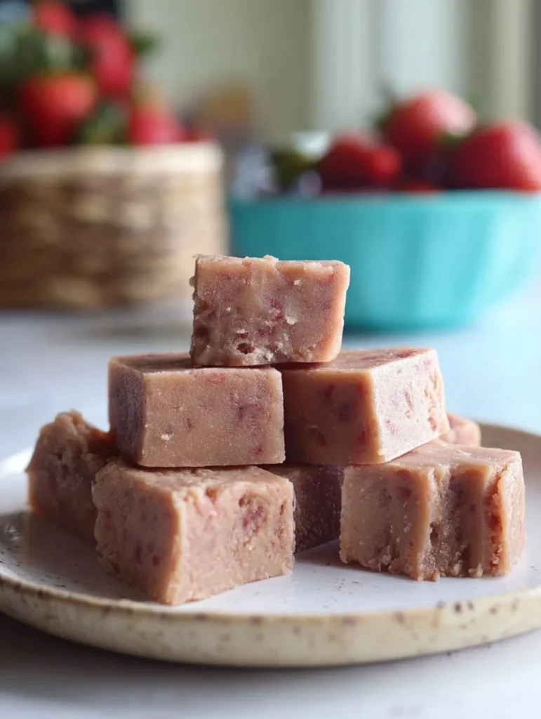 Strawberry mochi cake squares stacked on a ceramic plate with fresh strawberries in the background