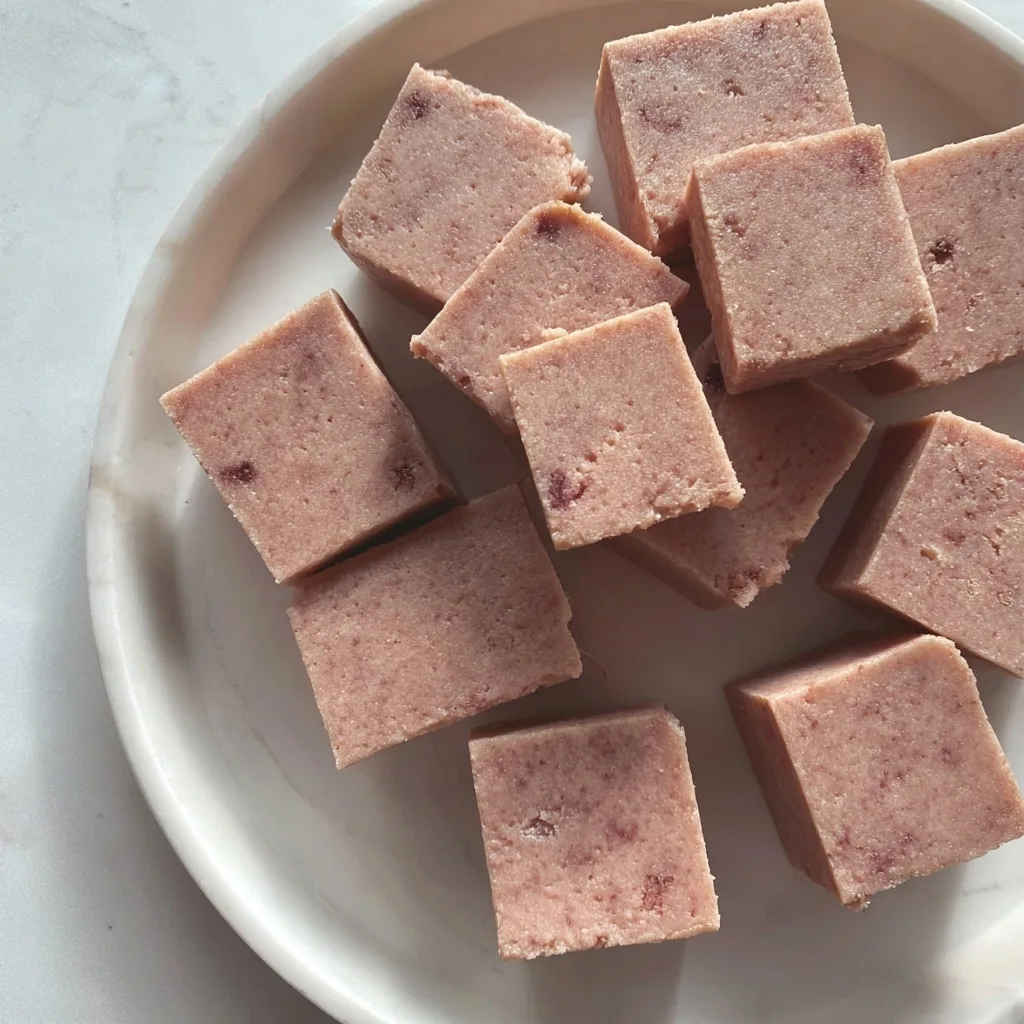 Soft strawberry mochi cake squares arranged on a white plate in natural light