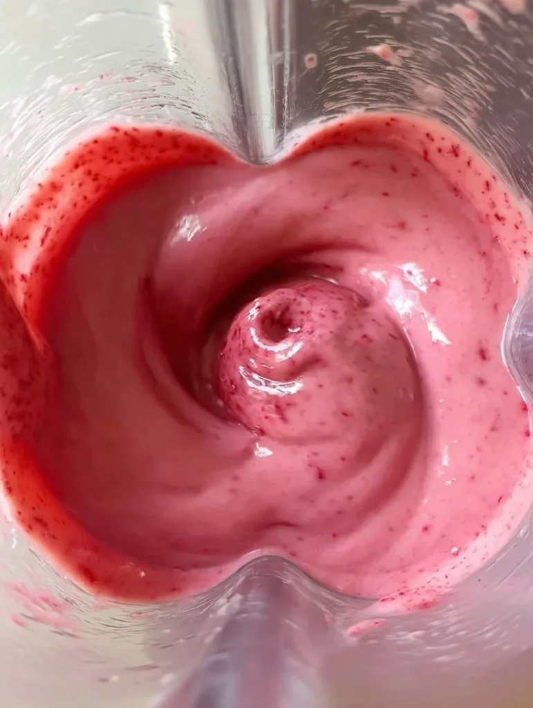 Strawberry puree blending into a smooth pink mixture for mochi cake