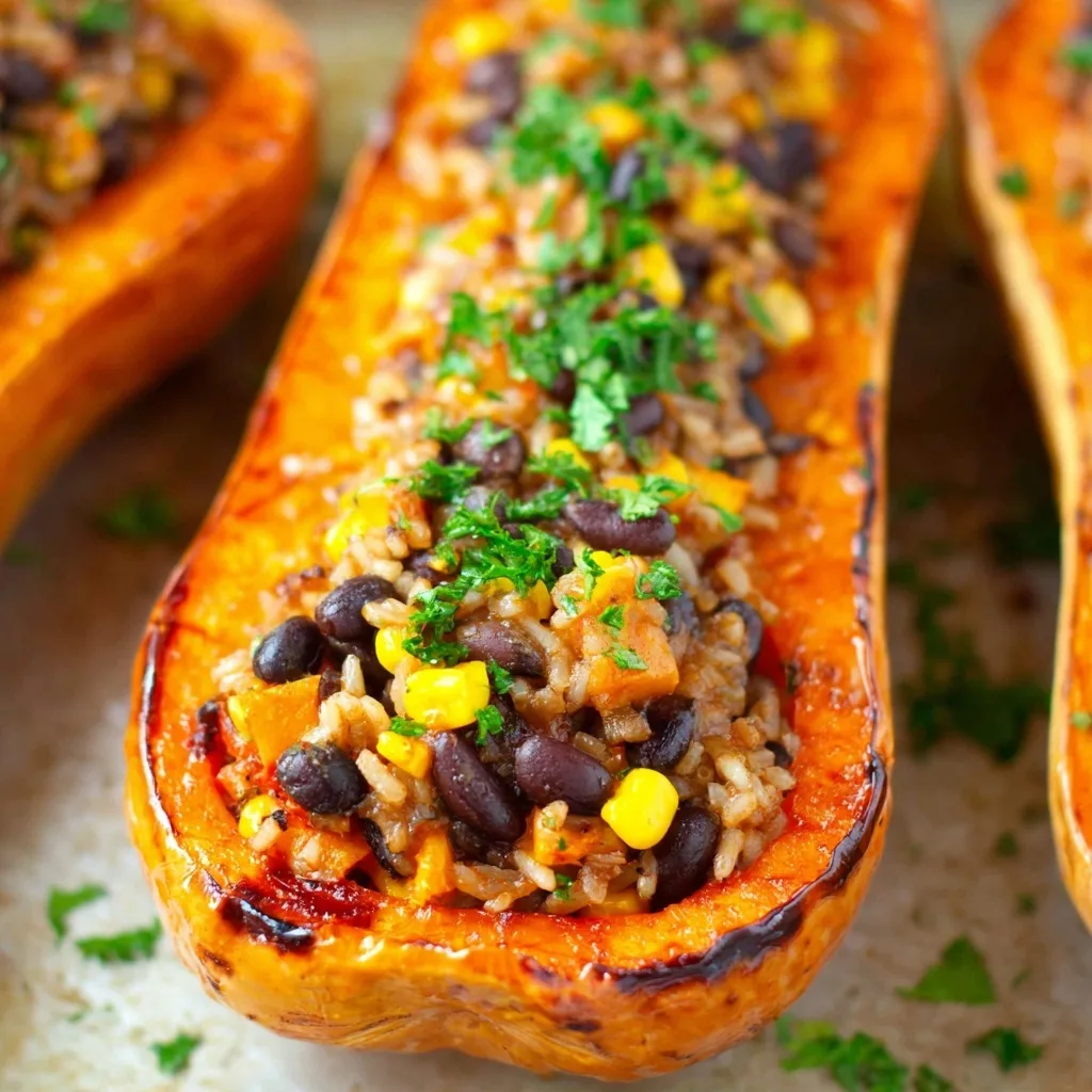 Vegan stuffed butternut squash filled with rice, black beans, and corn, topped with fresh parsley