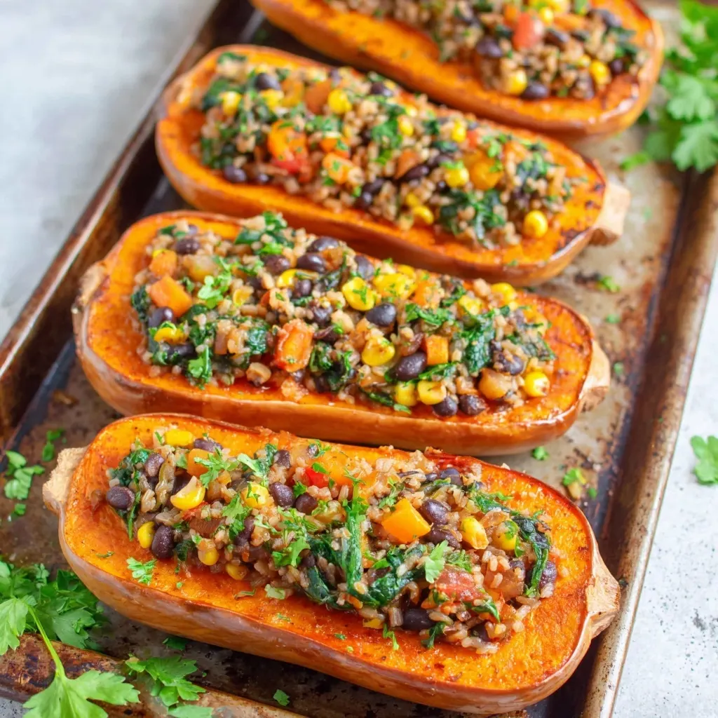 Baked stuffed butternut squash filled with rice, black beans, corn, and veggies, topped with fresh parsley