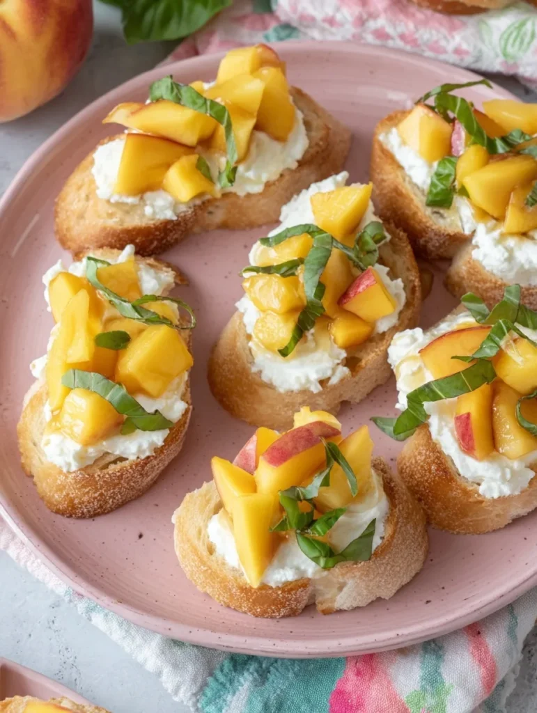 Crostini topped with ricotta, juicy peach slices, and fresh basil on a pink plate