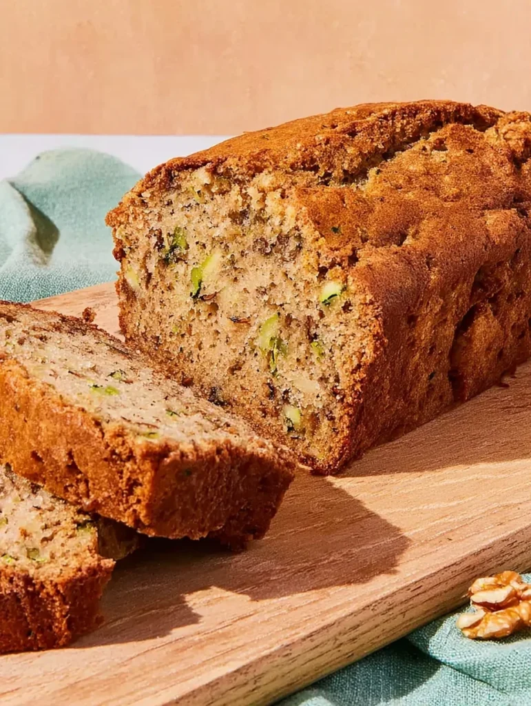 Close-up of moist zucchini bread loaf with walnuts, sliced on a wooden cutting board, showing tender texture and green zucchini flecks.