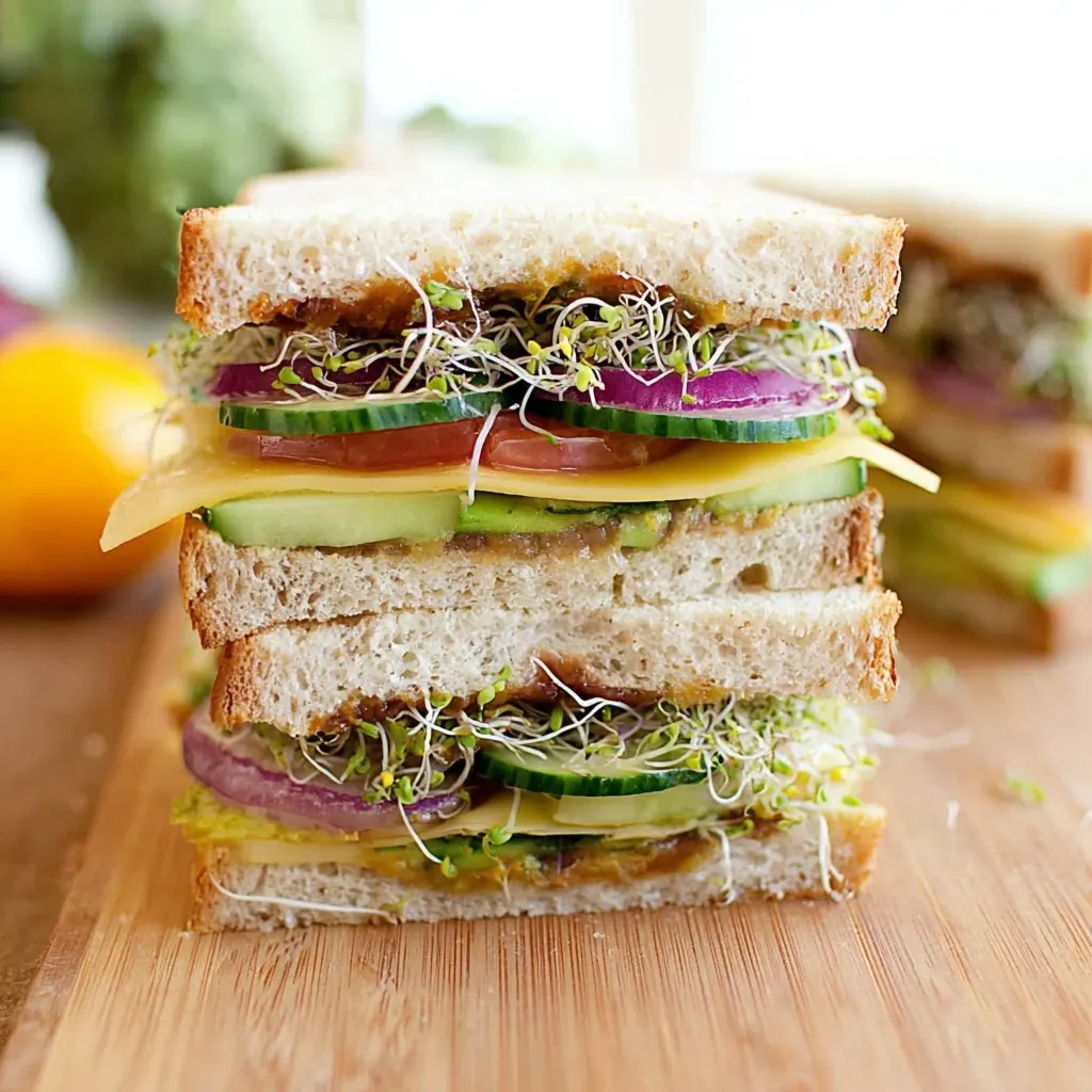 Fresh stacked sandwich with sprouts, cucumbers, onions, and cheese served with refrigerator pickles