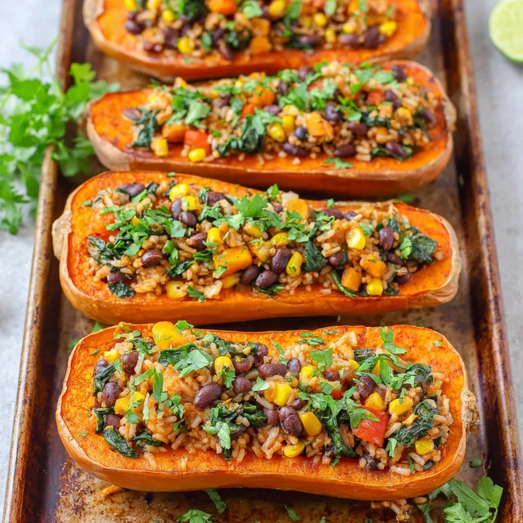 Vegan stuffed butternut squash filled with rice, black beans, corn, and spinach, garnished with fresh parsley