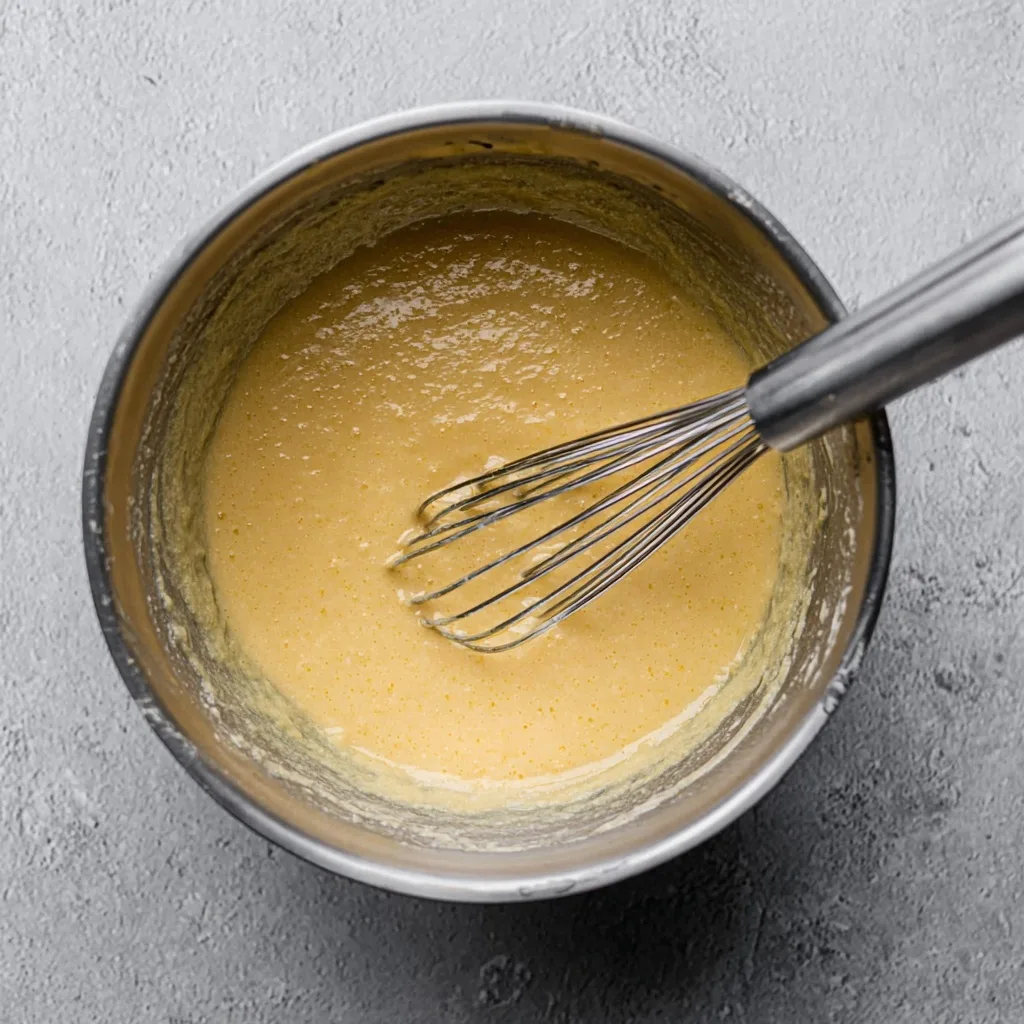 wet ingredients for chocolate chip banana bread whisked together in a mixing bowl