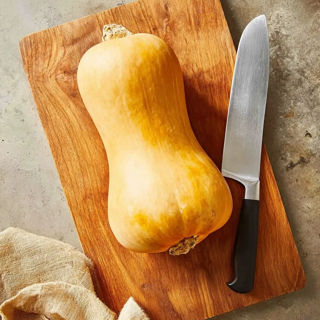 Whole butternut squash on a wooden cutting board with knife